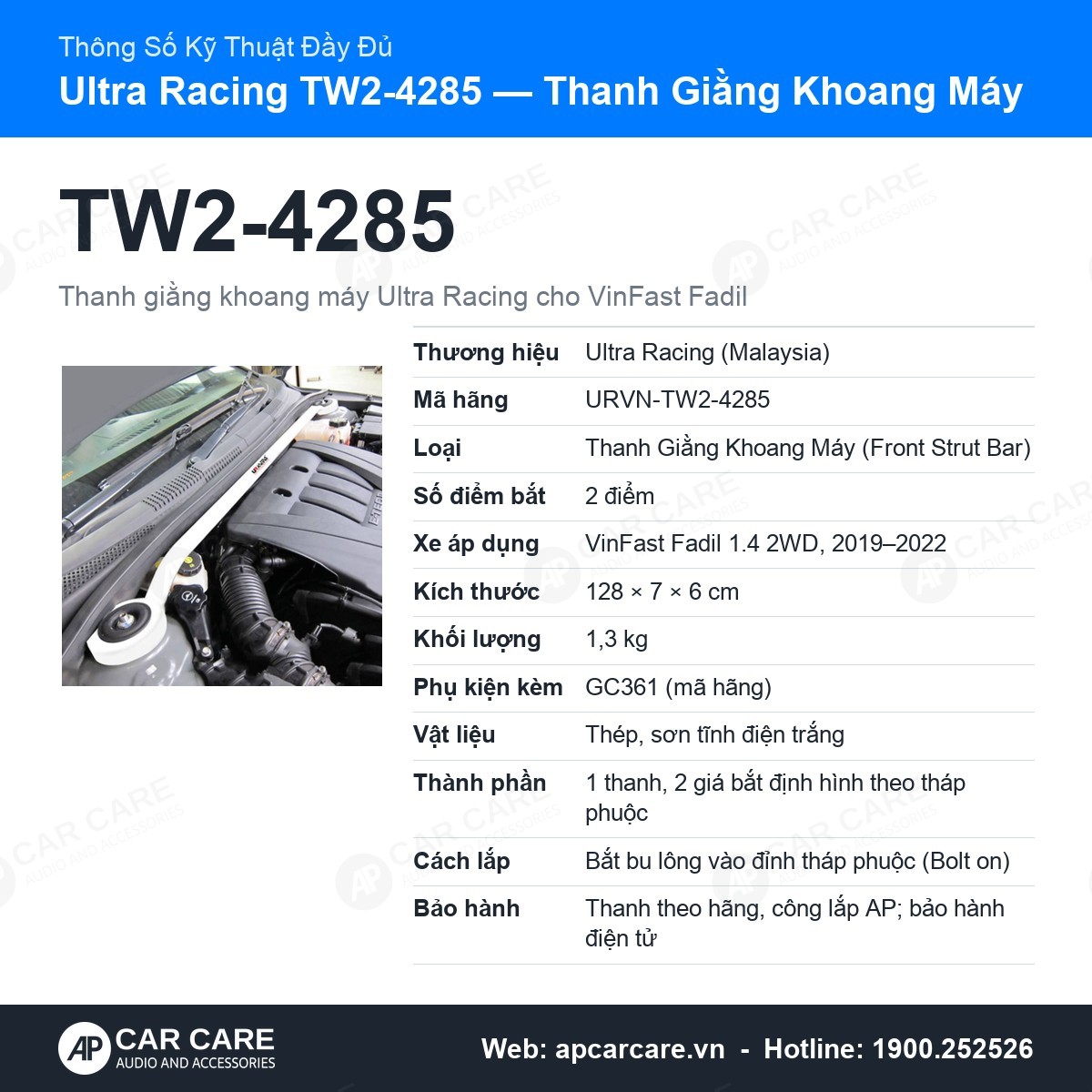 Bảng thông số đầy đủ thanh giằng Ultra Racing Fadil: mã URVN-TW2-4285, thép sơn trắng, bắt bu lông 2 điểm