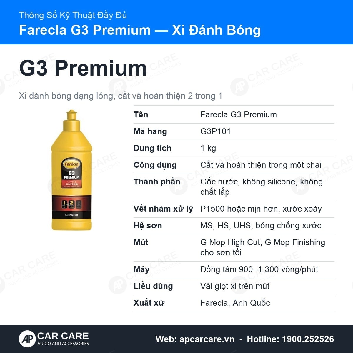 Thẻ thông số kỹ thuật đầy đủ xi đánh bóng sơn Farecla G3 Premium 2 trong 1