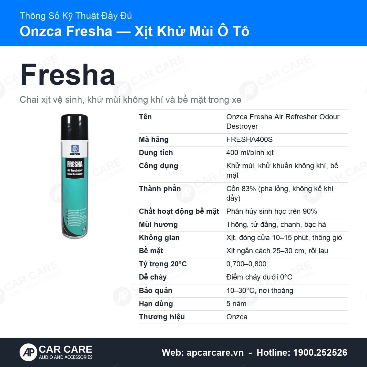 Thẻ thông số kỹ thuật đầy đủ xịt khử mùi Onzca Fresha theo TDS hãng