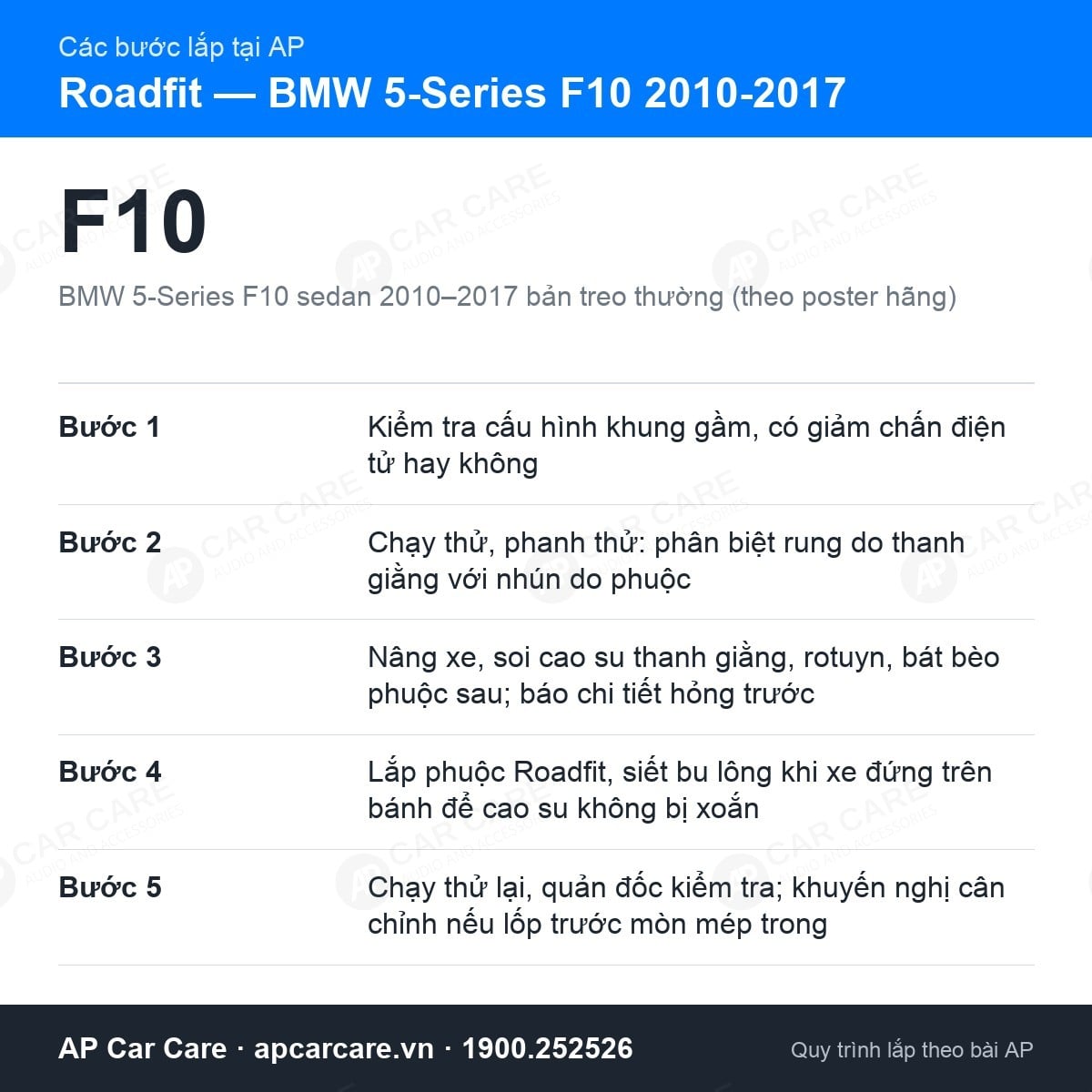 Các bước AP thay giảm xóc Roadfit cho BMW 5-Series F10 2010-2017, từ kiểm tra tới chạy thử bàn giao