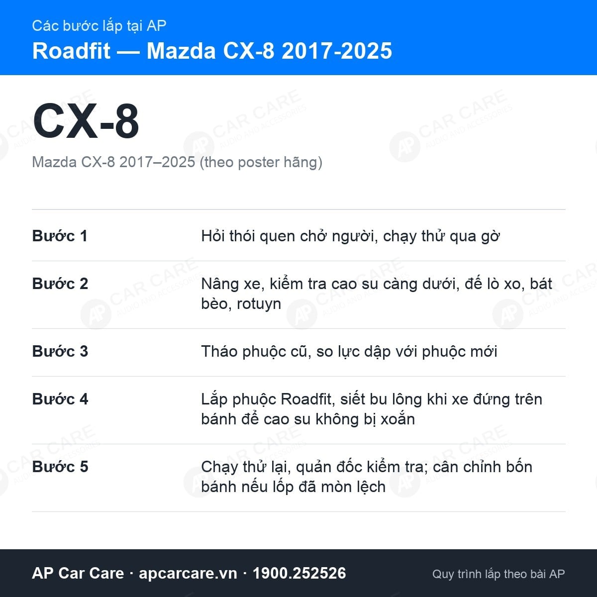 Các bước AP thay giảm xóc Roadfit cho Mazda CX-8 2017-2025, từ kiểm tra tới chạy thử bàn giao