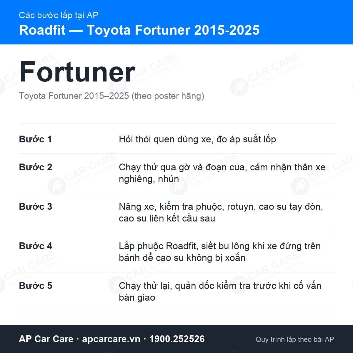Các bước AP thay giảm xóc Roadfit cho Toyota Fortuner 2015-2025, từ kiểm tra tới chạy thử bàn giao