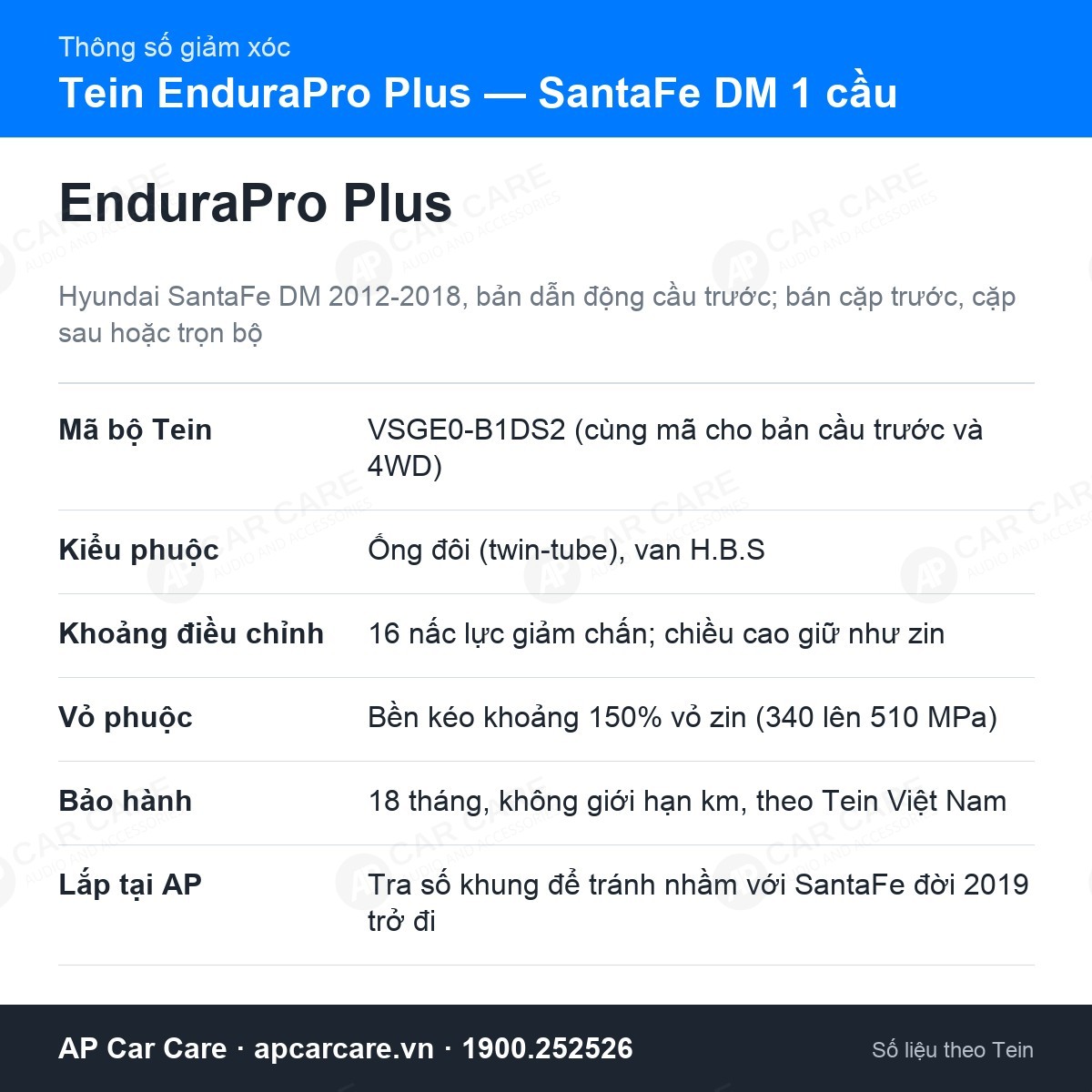 Thẻ thông số giảm xóc Tein EnduraPro Plus cho Hyundai SantaFe DM 2012-2018 1 cầu: mã VSGE0-B1DS2, 16 nấc