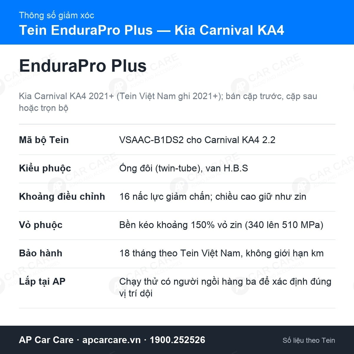 Thẻ thông số giảm xóc Tein EnduraPro Plus cho Kia Carnival KA4 2021+: mã VSAAC-B1DS2, 16 nấc chỉnh