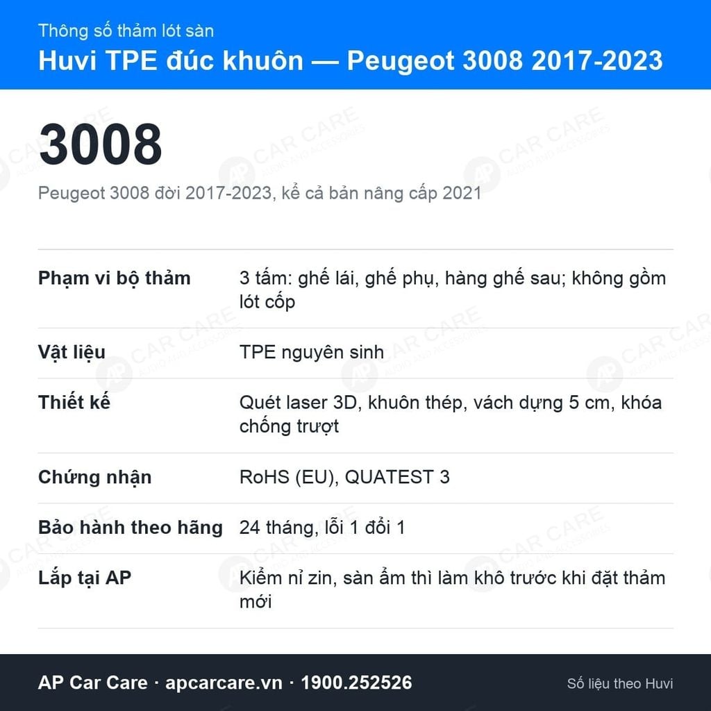 Thảm Lót Sàn Ô Tô Peugeot 3008 2017-2023 Huvi TPE Đúc Khuôn