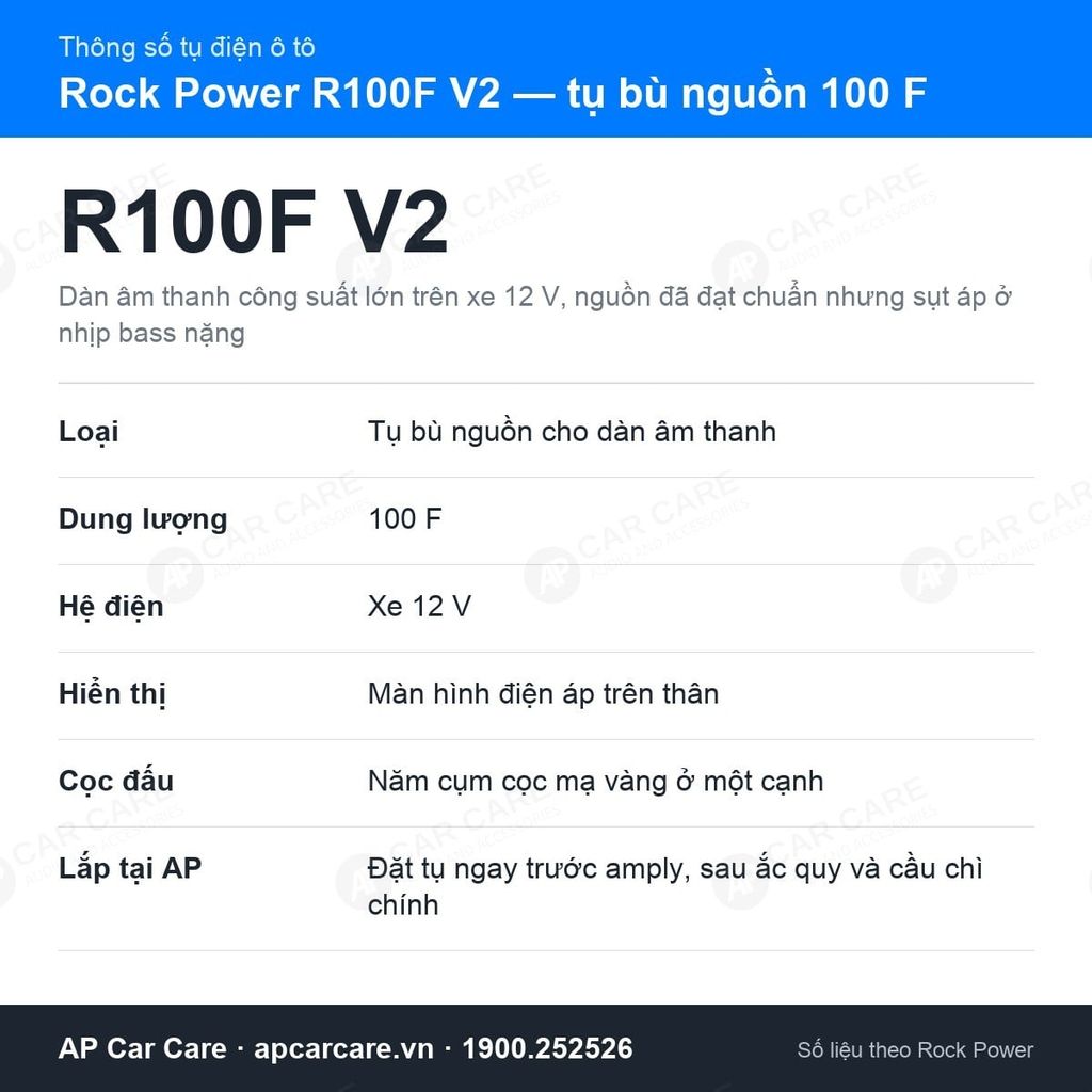 Tụ Điện Ô Tô Rock Power R100F V2 100F