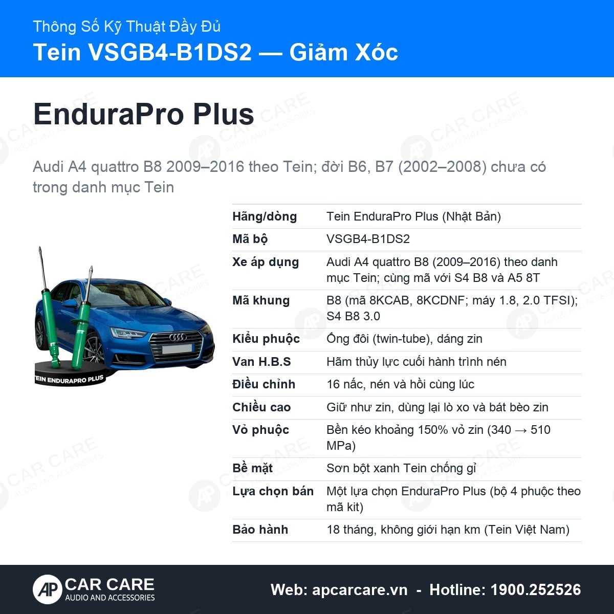 Bảng thông số kỹ thuật đầy đủ giảm xóc Tein VSGB4-B1DS2 cho Audi A4 Quattro B8 2009-2016