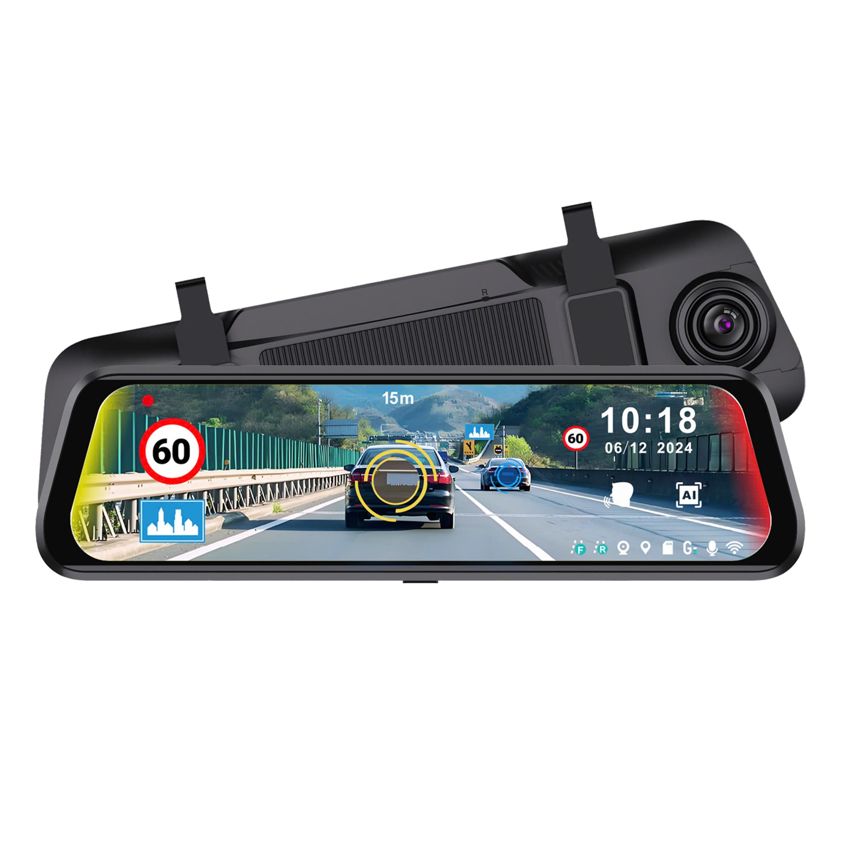 Gương Utour C3 series nhìn chéo thấy cụm camera trước phía sau màn hình