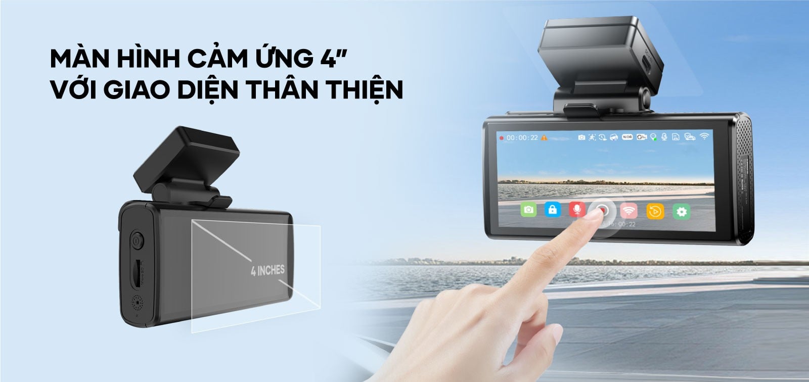 Màn hình cảm ứng 4 inch với giao diện thân thiện của camera hành trình Vietmap SpeedMap M2