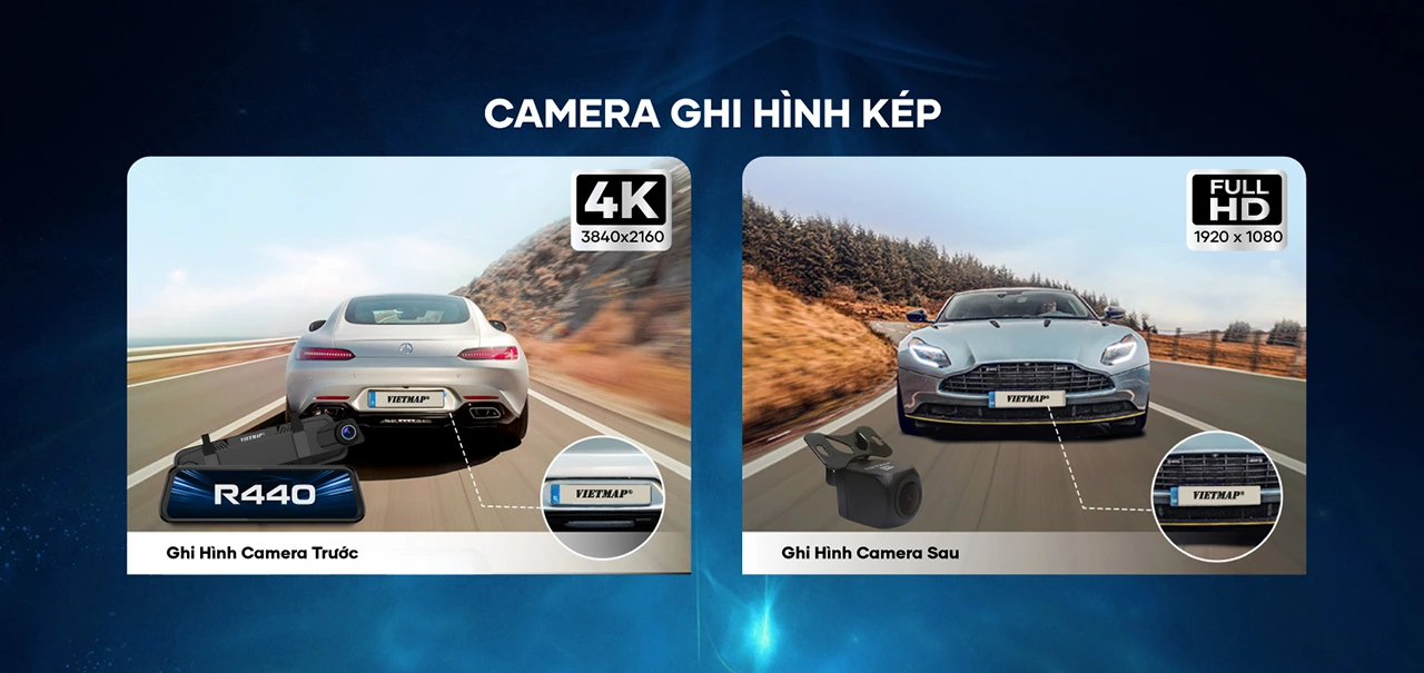 Camera ghi hình kép Vietmap R440: camera trước 4K và camera sau Full HD