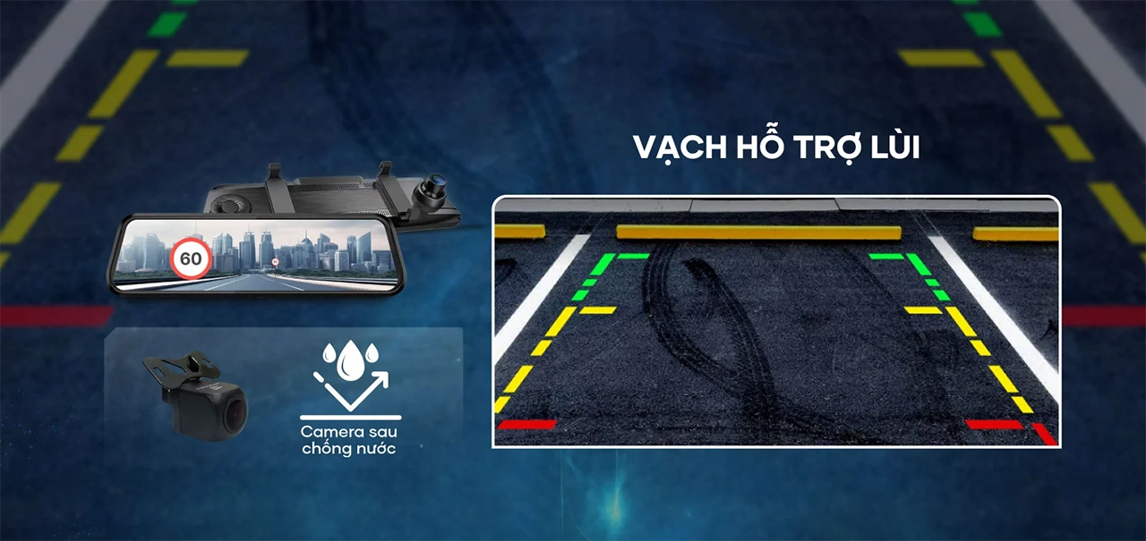 Camera sau chống nước Vietmap R440 và vạch hỗ trợ lùi hiển thị trên màn hình