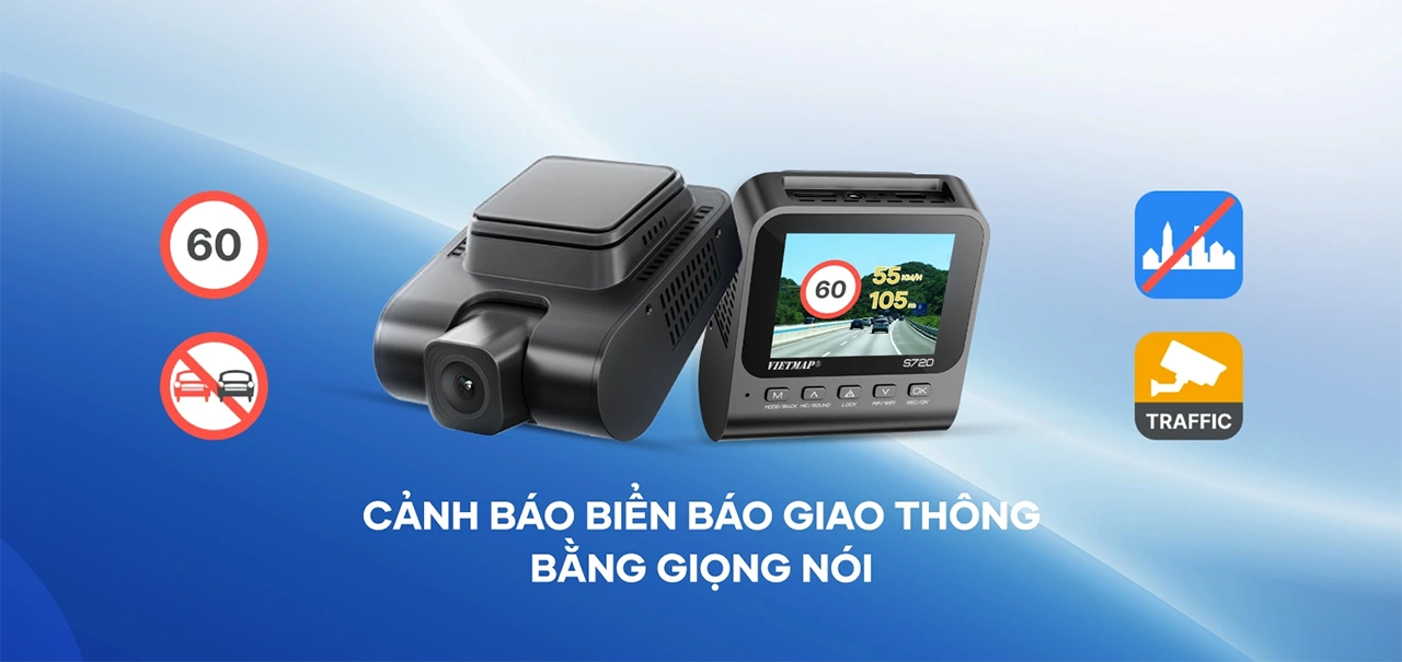 Vietmap S720 cảnh báo biển báo giao thông bằng giọng nói, hiển thị tốc độ giới hạn trên màn hình