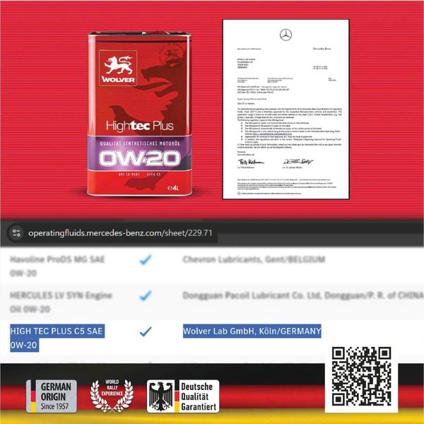 Dầu nhớt động cơ ô tô Wolver hightec Plus 0W20 C5