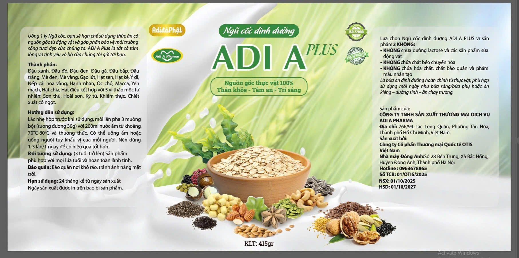  Sữa Ngũ Cốc ADIA - Nguồn gốc thực vật 100% 