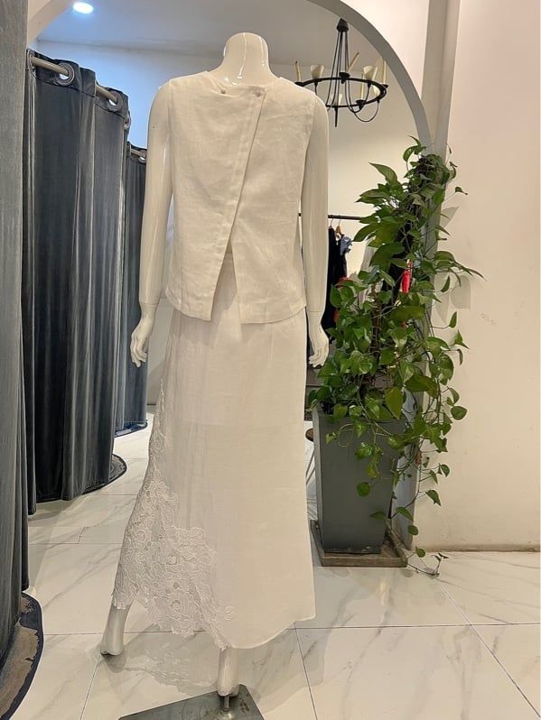  Váy Linen lưng thun phối ren 