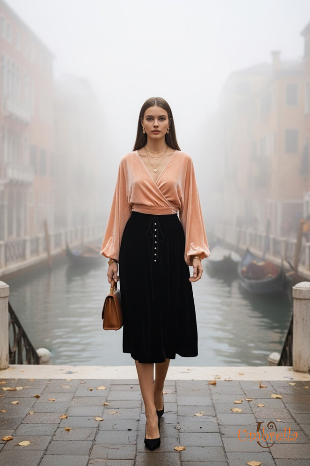  Váy nhung nút trước thắt nơ 