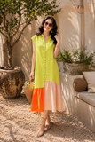 Đầm dài Linen sơ mi lệch tầng 