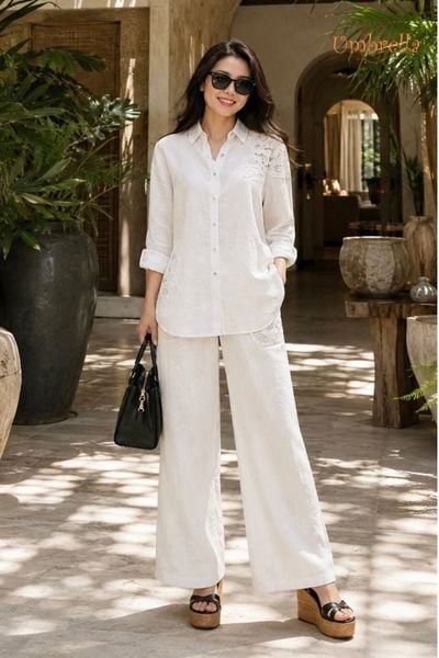  Áo Linen sơ mi phối ren 