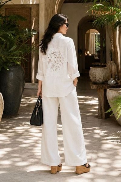  Áo Linen sơ mi phối ren 