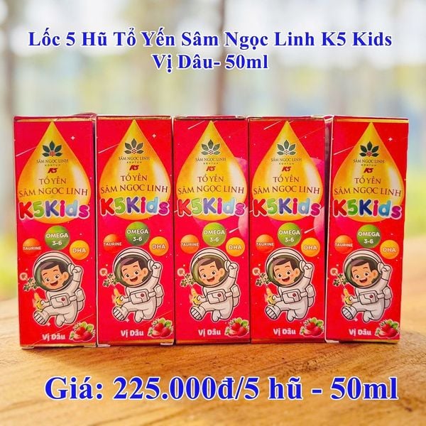  Tổ yến Sâm Ngọc Linh K5 Kids vị Dâu 5 hũ/Lốc 