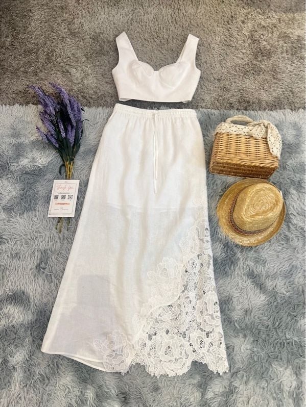  Váy Linen lưng thun phối ren 
