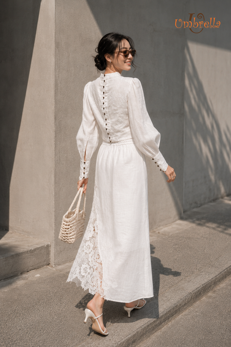  Váy Linen lưng thun phối ren 