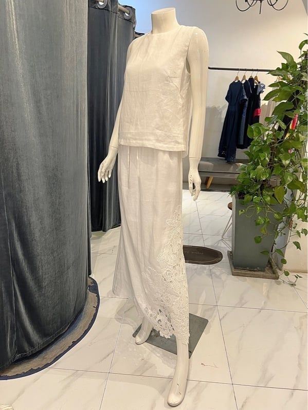  Váy Linen lưng thun phối ren 