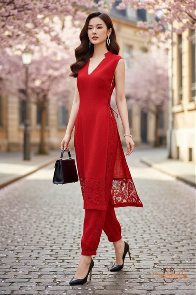  Áo dài Linen đan hông 