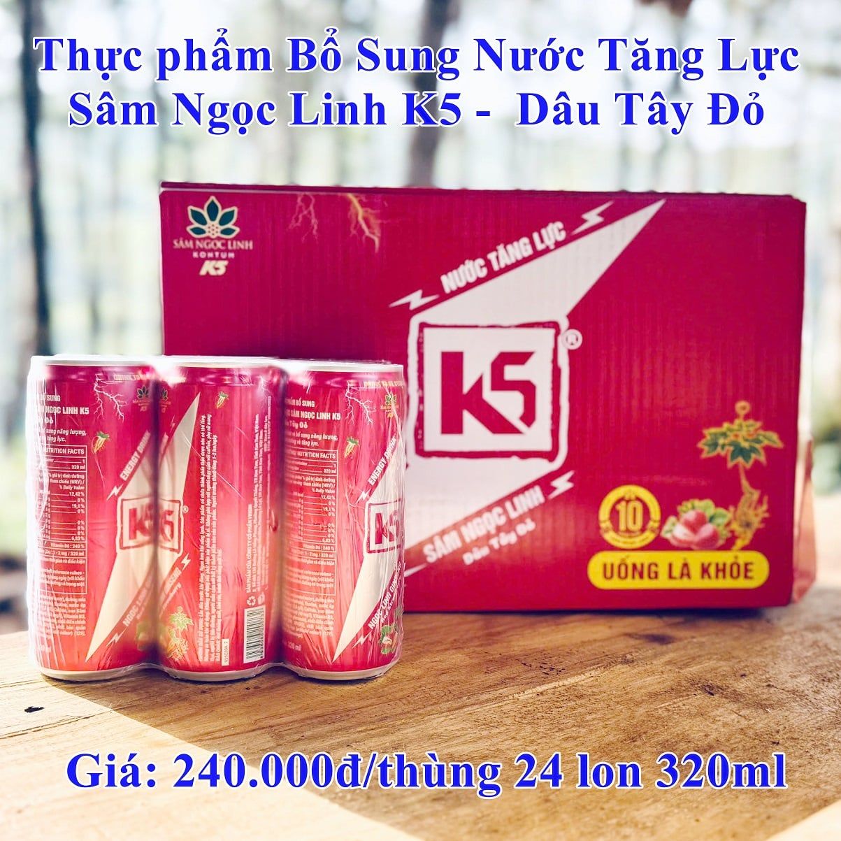  Thùng 24 Lon TPBS nước tăng lực Sâm Ngọc Linh K5 - Vị dâu tây đỏ - 320ml 