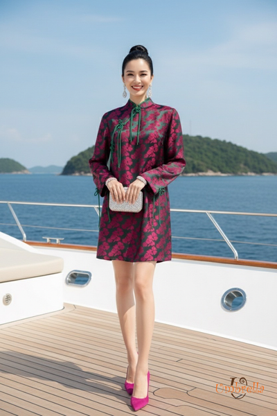  Đầm Lụa cổ trụ thắt nơ 