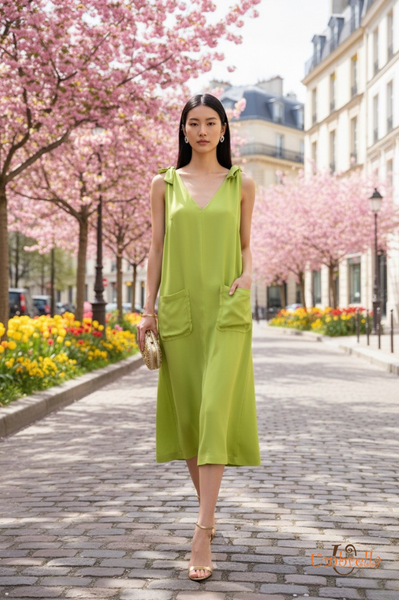  Đầm lụa 2 nơ vai 