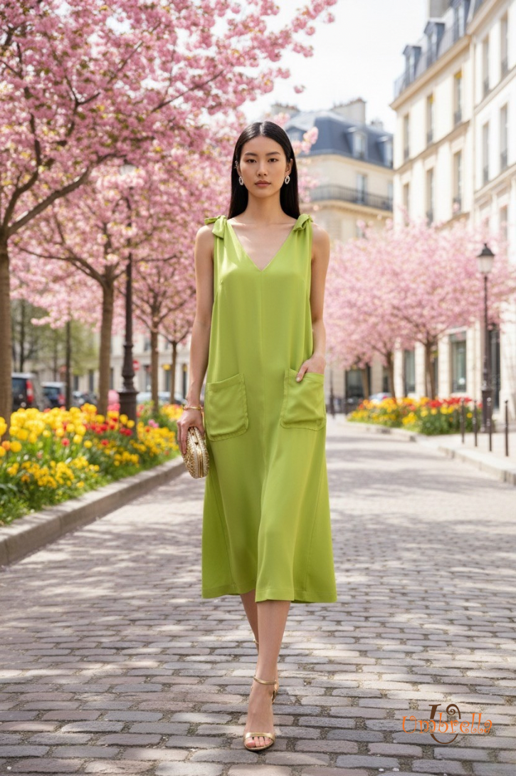  Đầm lụa 2 nơ vai 