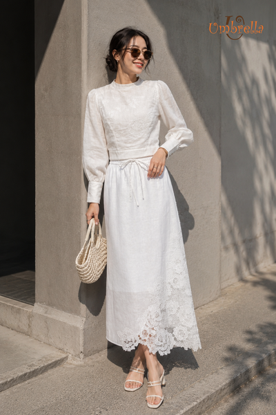  Váy Linen lưng thun phối ren 