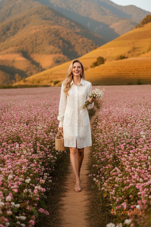  Đầm Linen sơ mi cổ tay đứt 