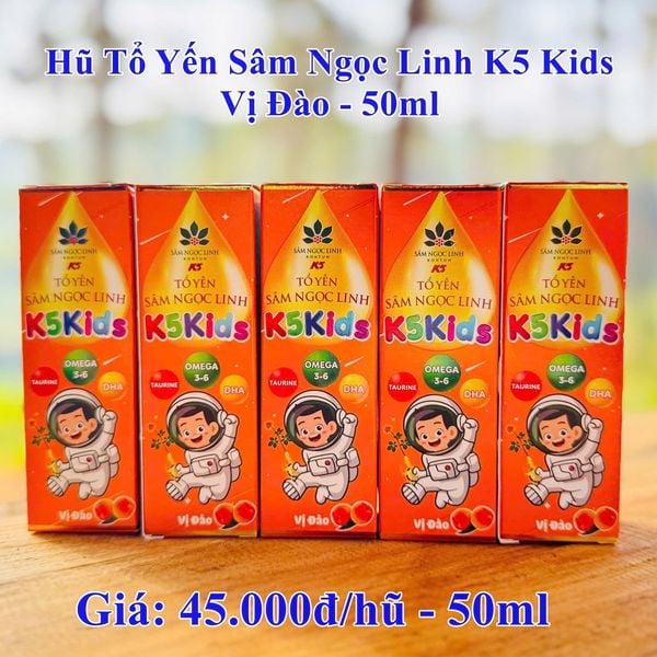  Tổ yến Sâm Ngọc Linh K5 Kids vị Đào 5 hũ/Lốc 