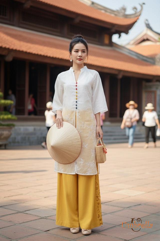  Áo dài Linen xẻ 3 tà thêu 