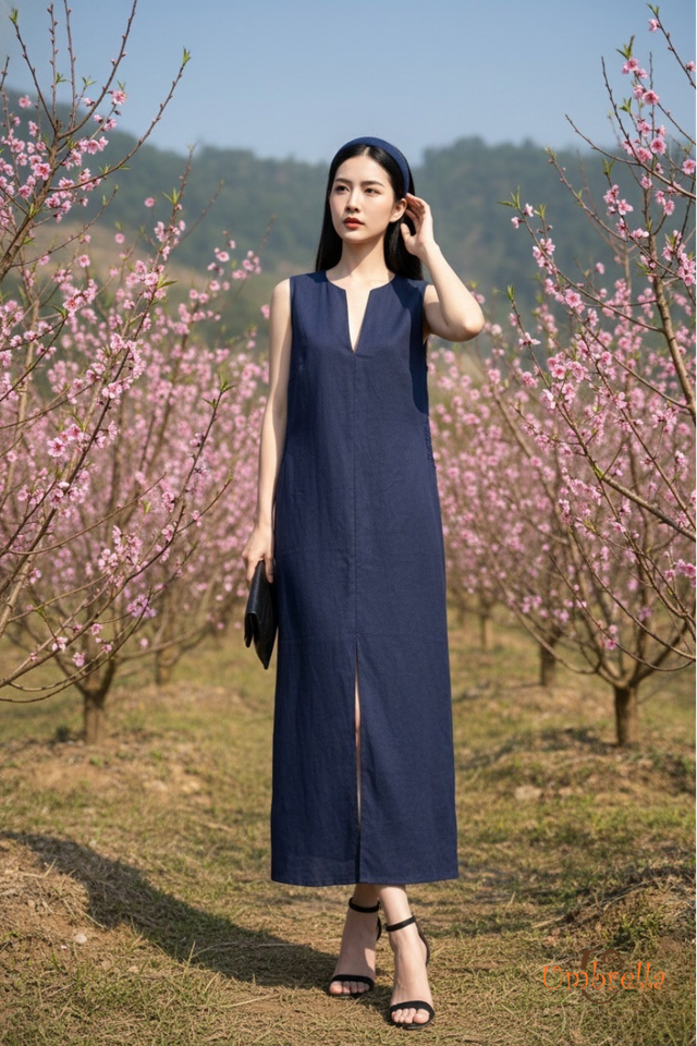  Đầm dài Linen cổ tùng xẻ crochet 