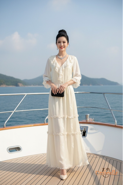  Đầm dài bèo cổ tay dài 