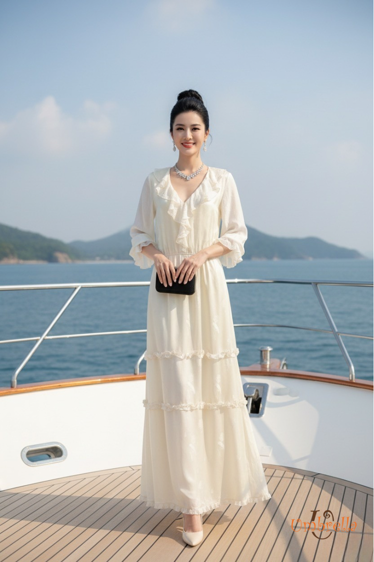  Đầm dài bèo cổ tay dài 