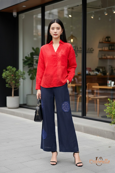  Áo Linen thêu cổ V đắp 