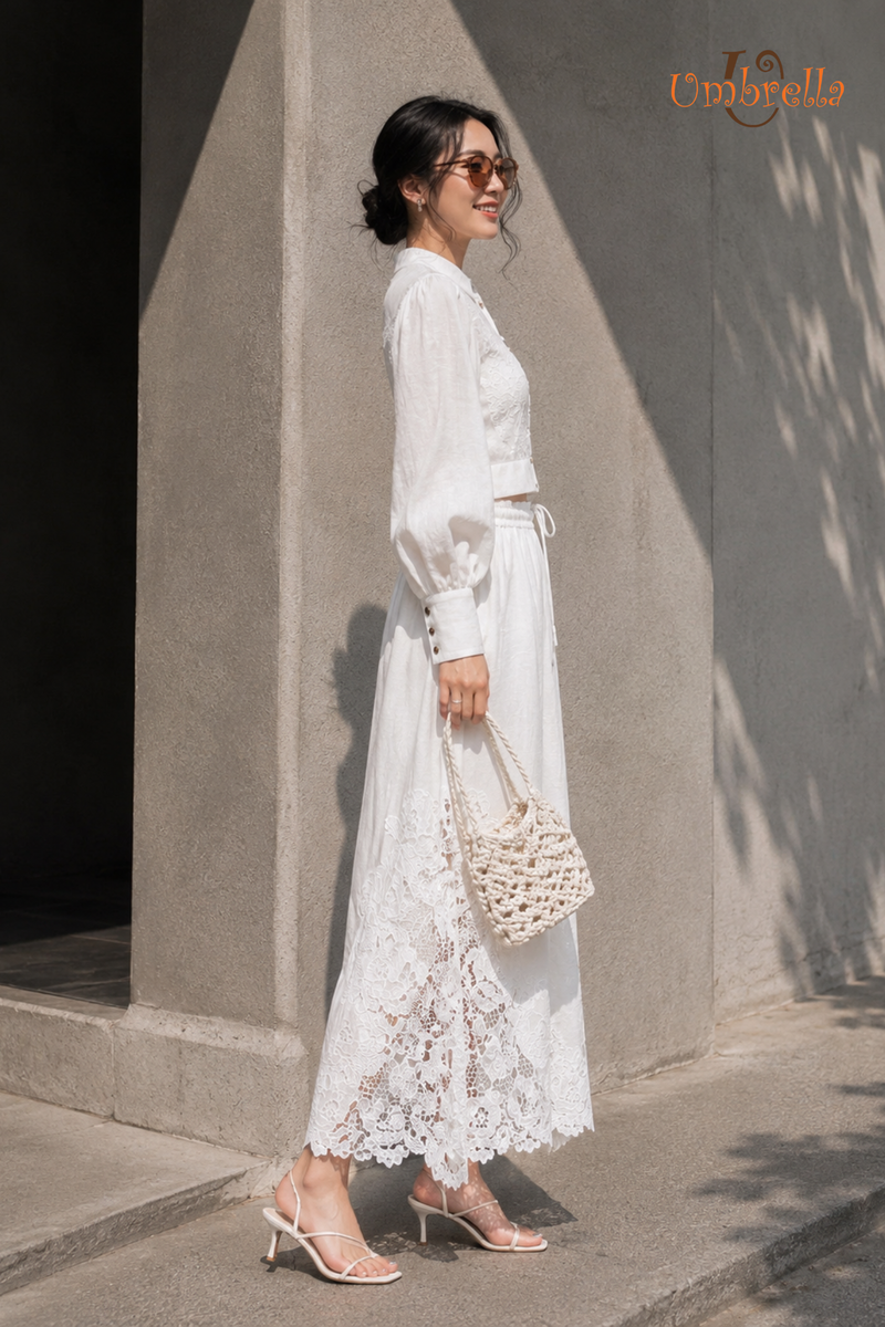  Váy Linen lưng thun phối ren 