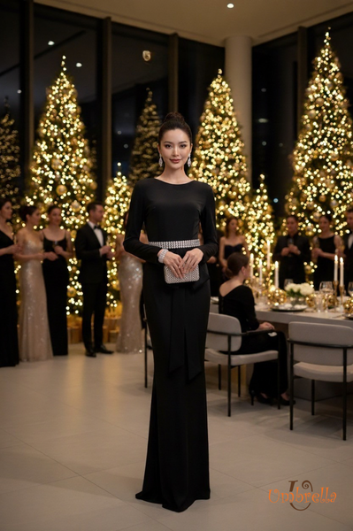  Đầm dài thun nơ eo 