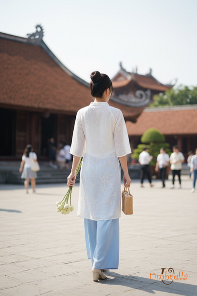  Áo dài Linen xẻ 3 tà thêu 