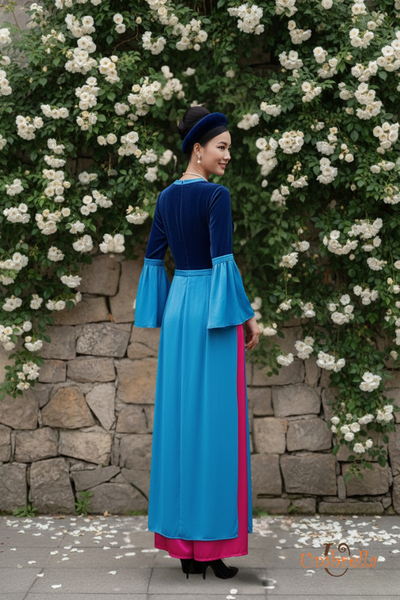  Áo dài phối nhung xẻ 3 tà 