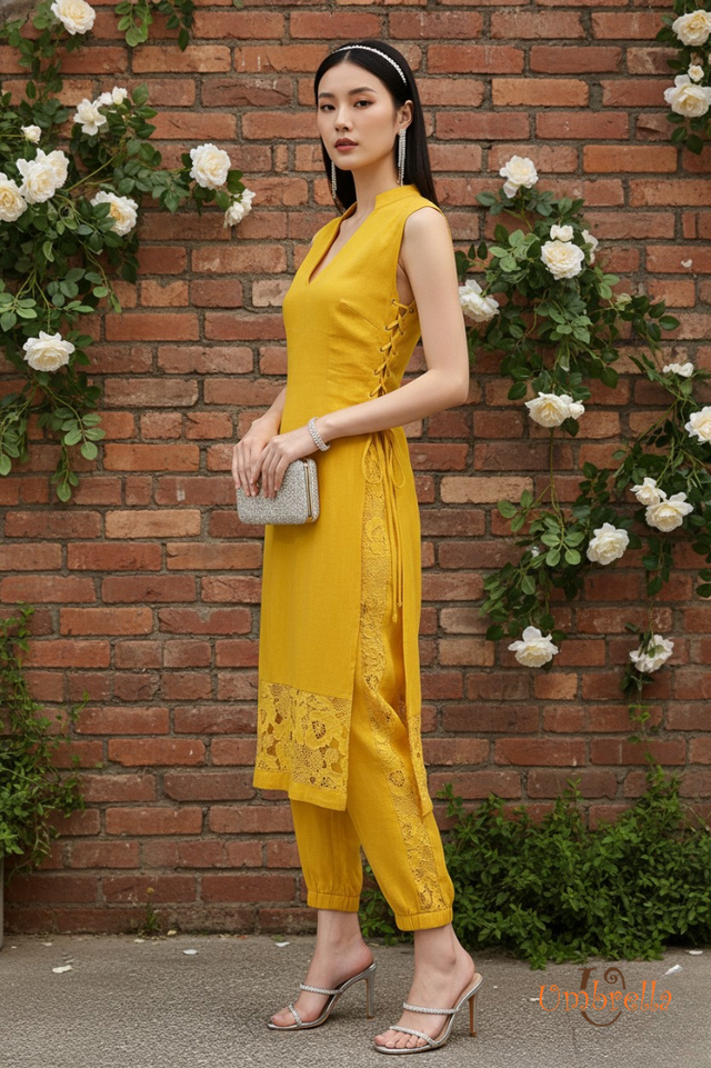  Áo dài Linen đan hông 