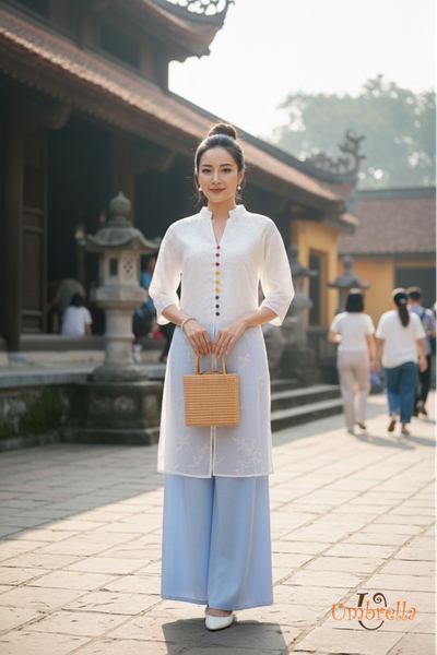  Áo dài Linen xẻ 3 tà thêu 