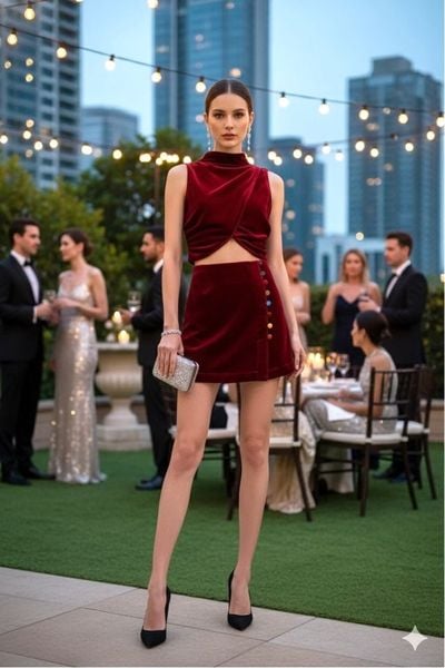  Áo nhung lụa cổ cao crop ngực 