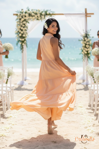  Đầm dài Linen sát nách nhún eo 