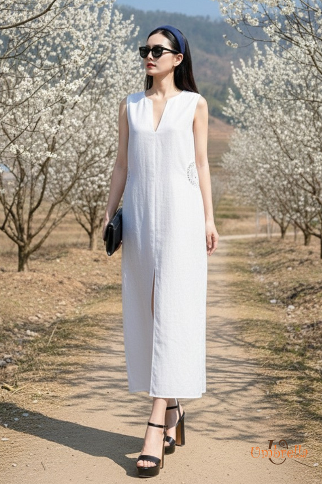  Đầm dài Linen cổ tùng xẻ crochet 