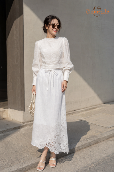  Váy Linen lưng thun phối ren 